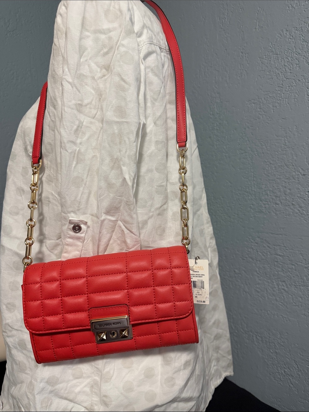 Michael Kors Coral-Red Quilted Crossbody with Gold Chain
